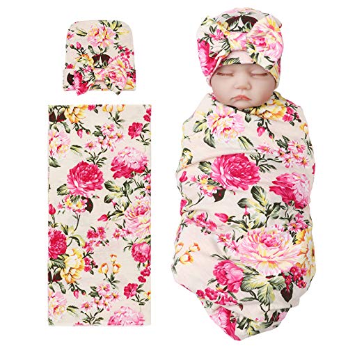 BQUBO Receiving Blanket with Hat 1 Pack Newborn Baby Floral Printed Baby Shower Swaddle Gift