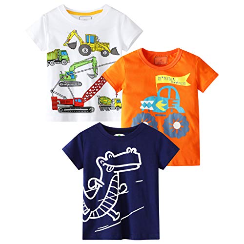 DEEKEY Toddler Little Boys 3-Pack Dinosaur Short Sleeve Crewneck T-Shirts Top Tee Size for 2-7 Years (Dinosaur SUV Excavator, 2T)