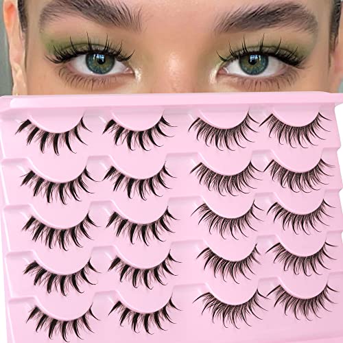 Spiky Japanese Lashes Natural Wispy Manga False Eyelashes Anime Asian Strip Fake Eye Lashes with Clear Band 2 Styles Short C Curly Korean Makeup Faux Mink Lashes Pack 10 Pairs by ALICROWN