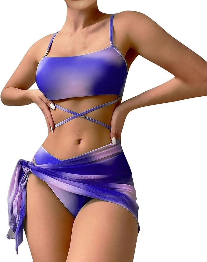 Ensemble bikini 3 pièces violet grande taille avec jupe de plage élégante BSLVWG