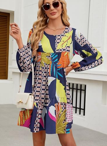 Image of QACOHU Falll Dresses for Women 2026 Crew Neck Long Lantern Sleeve Casual Loose Flowy Swing Shift Dress
