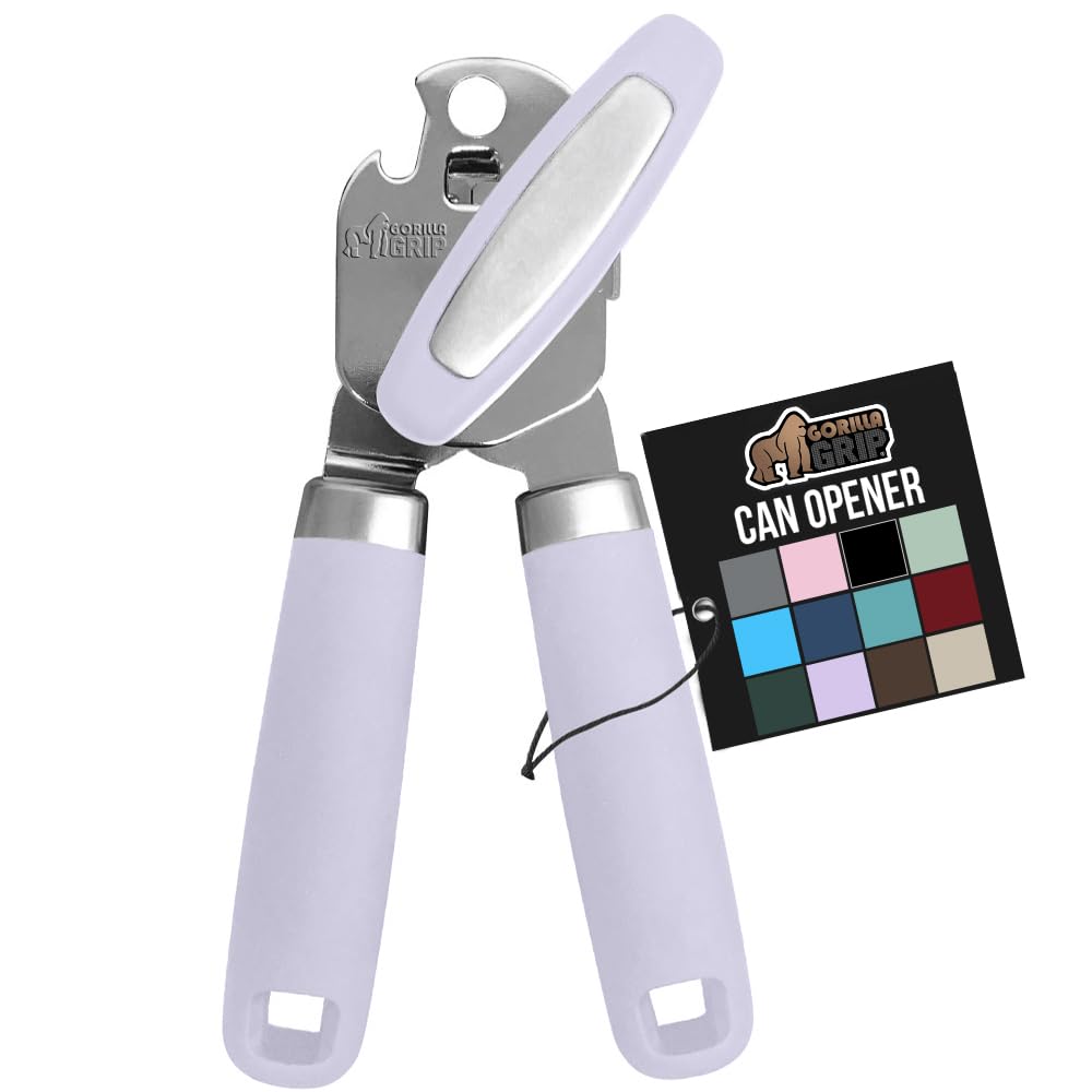 The Original GORILLA GRIP Heavy Duty Stainless Steel Smooth Edge Manual Can Opener and Bottle Openers, Soft Handle, Rust Proof Oversized Handheld Easy Turn Knob, Multifunctional Kitchen Tool, Lavender