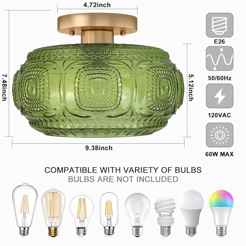 Image of Art Deco Globe Glass Semi Flush Mount Ceiling Light Fixture, Green