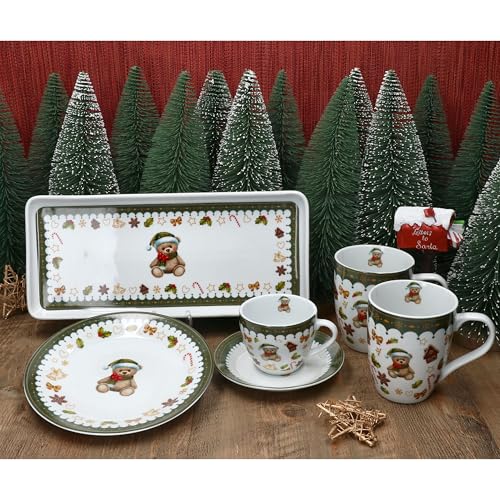 MamboCat Friend 18-tlg. Kaffeeservice für 6 Personen | Weihnachtliches Frühstücks-Set aus Porzellan mit Teddybär, Lebkuchenhaus & Co. | Tassen, Untertassen & Kuchenteller | für Weihnachten