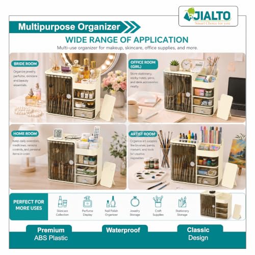 Image of JIALTO Makeup Organizer Box with 4 Compartments- Cosmetic Storage Box & Organiser with Drawers and Brush Holder- Dustproof & Waterproof Makeup Stand for Women- Dressing Table & Vanity Storage