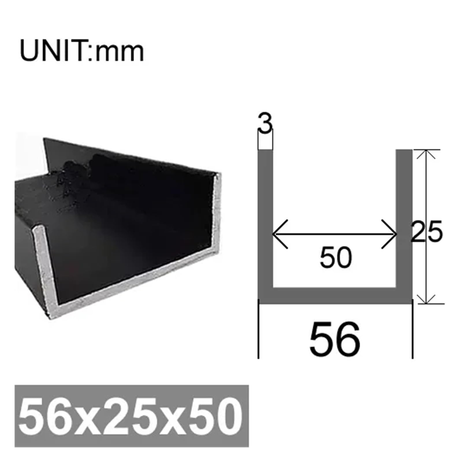 Perfil de aluminio en U, 6063 Aluminio Canal U Ranura Equilátera Negro 500mm 2 Piezas(56x25x50mm)