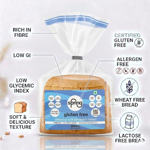 Image of Sprinng Gluten Free, 200 gm (Pack of 2), Low GI, Wheat Free, Maida Free, Lactose Free, Diabetic-friendly, Vegan, Allergen Free, Soy Free, Plain Bread, Certified Gluten-Free, Made in Celiac-Safe Facility.