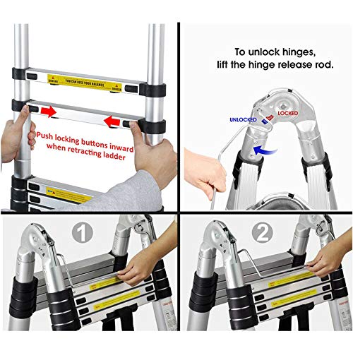 16.5FT Telescopic Folding Ladder Extension Aluminum 2.5M+2.5M A-Frame 5M Straight Ladder Telescoping Portable Foldable Anti-Slip Steps Multi-Purpose With Support Bar EN131 Safe Standard MAX Load 330LB