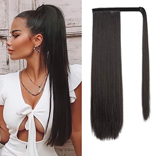 Isaic Straight Ponytail Extension Wrap Around Ponytail Clip in Hairpiece 20 Inch Synthetic Hair Extensions for Women (1B, 120g)