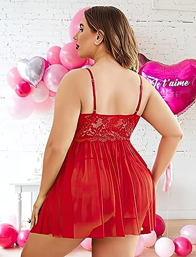 Image of Plus Size Lingerie Lace Babydoll Womens Strap Chemise Nightgown V Neck Nighty Mesh Sleepwear Side Slit Nightdress with G-Sting Panty