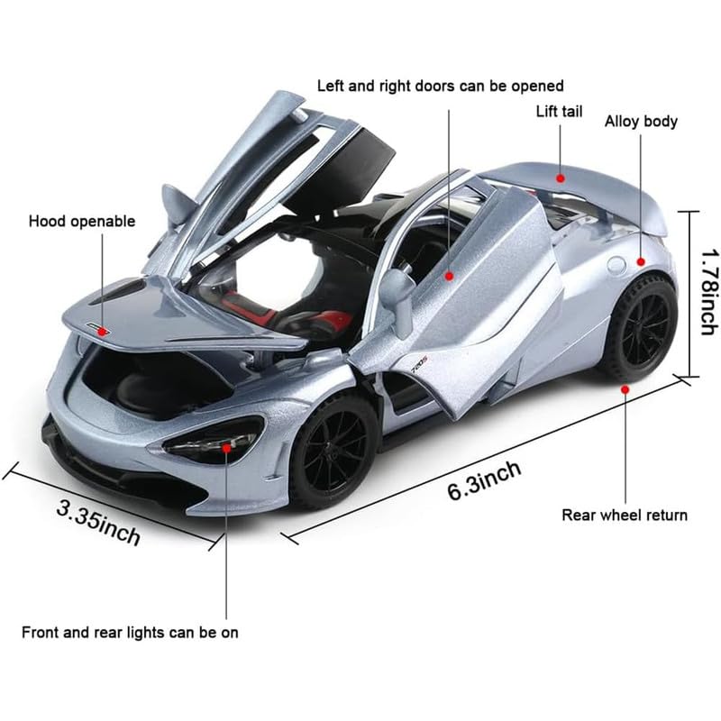 Image of Kids Model 1:32 Mc-Laren 720s Die Cast Metal Car Pull Back Action Opening Doors with Realistic Engine Sound Lights Toy Car Gift for Boys - Silver