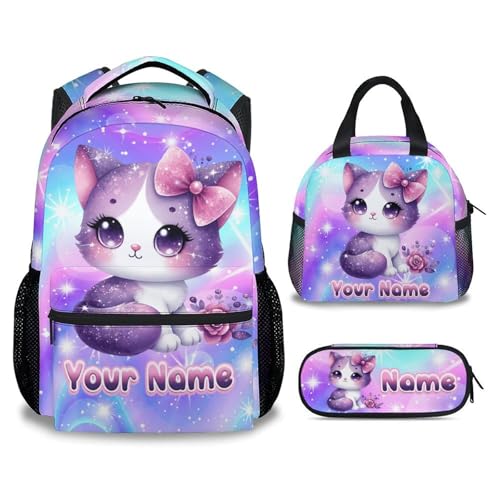 CUSPCOD Personalized School Backpack Set, Cat Backpacks for Girls, Kids Bookbag with Lunch Box and Pencil Case, 17 Inch Custom Toddler Schoolbags with Name