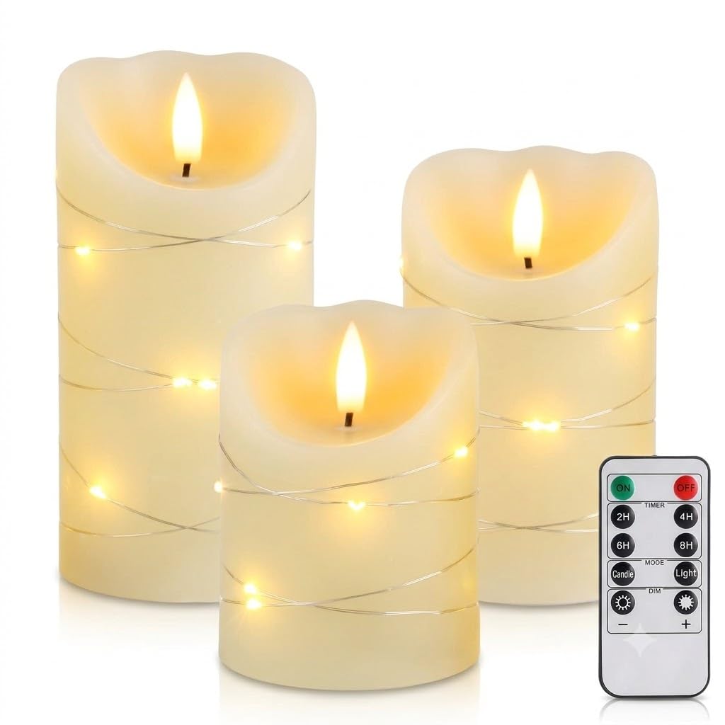 JHY DESIGN 3 Flameless Candles with Fairy String Lights,Real Wax Battery LED Pillar Candles with Remote Control,2/4/6/8H Timer,Flickering Warm White Candles for Wedding,Dinner Table,Bedroom Decor