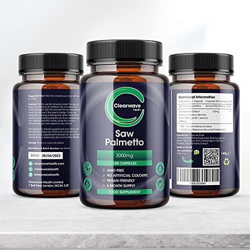 Saw Palmetto 3000mg - 180 Vegan Capsules - 6 Months Supply - High Strength (20:1 Extract Ratio) Saw Palmetto Capsules from Clearwave Health