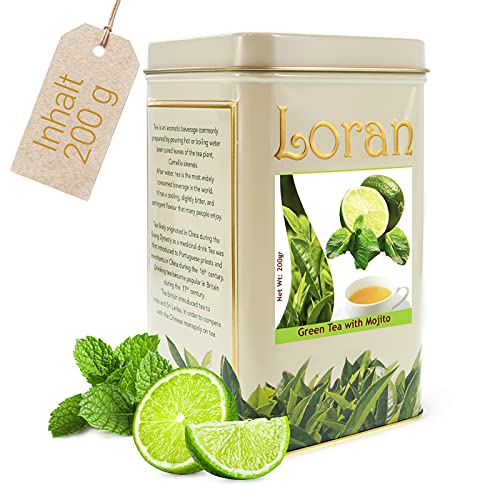 LORAN - Grüner Ceylon Tee Mojito 200g, Premium Qualität, Ceylon Tee Sri Lanka, lose, Apfel- Zitronenstückchen, Pfefferminze, Hagebuttenschalen, Kornblumenblüten, Zitronengras, Mint-Lemon-Aroma Cover