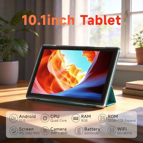 Image of 10.1 Inch Android 15 Tablet, 8GB RAM 32GB Storage, HD IPS Display, 5G WiFi 6 ,6000mAh Battery, Dual Camera for Video Call, Tab with Case & Stylus Pen for Work /Study tablet with case (Navy blue)