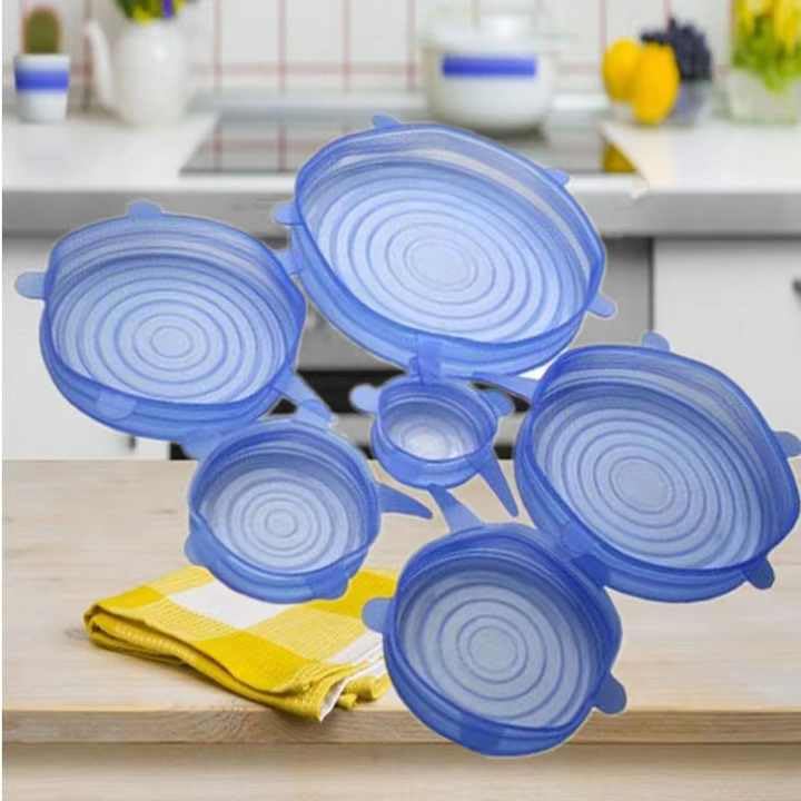 Image of Reusable Premium Silicone Stretch Lids for Food Storage, Flexible Elastic Heat-Resistant Silicone Bowl Covers, Cups, Cans, 6 Different Sizes, Keep Food Fresh Blue & White (24)
