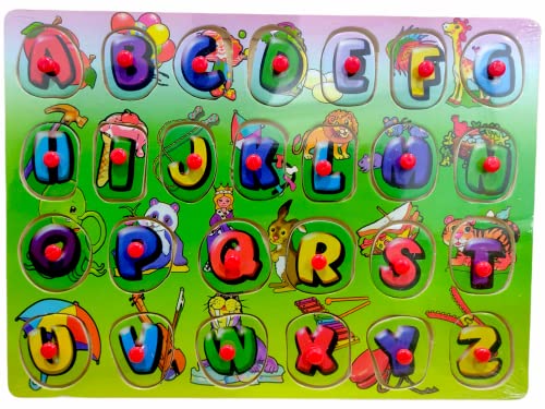 RVM Toys Wooden Puzzle English Alphabet ABCD Children Knob Educational Board with Letters Blocks and Knobs Learning Puzzles for Baby Kids Years 2 and 3 Toy Design 2 Multicolor