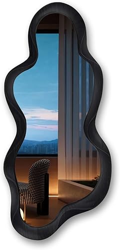 Espejo de pared irregular de 30 x 14 pulgadas, espejo de pared con marco negro de madera asimétrico ondulado para sala de estar, dormitorio,