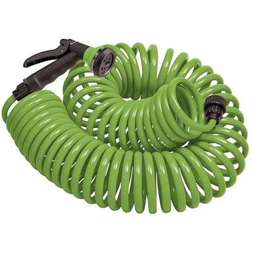 Orbit 26380 Coil Garden Hose, 25 Feet, with 8-Pattern Hose Nozzle (Green)