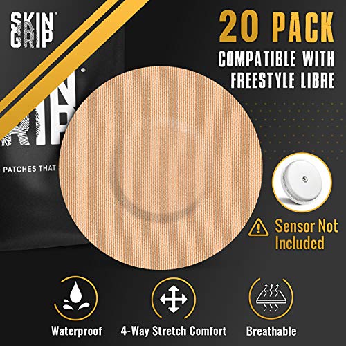 Skin Grip Adhesive Patches For Freestyle Libre 2 – Waterproof & Sweatproof For 10-14 Days, Pre-Cut Adhesive Tape, Continuous Glucose Monitor Sensor Cover – 20 Pack, Tan #TOP3