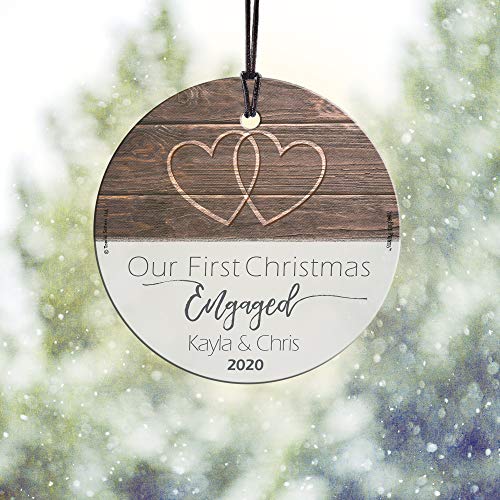 Our First Christmas Engaged Hanging Glass Print – Personalized Rustic Hearts Farmhouse Decoration – Suncatcher Hanging Print Christmas Tree Date Display 3.5" Circle | Free Red Velveteen Gift Bag #TOP6