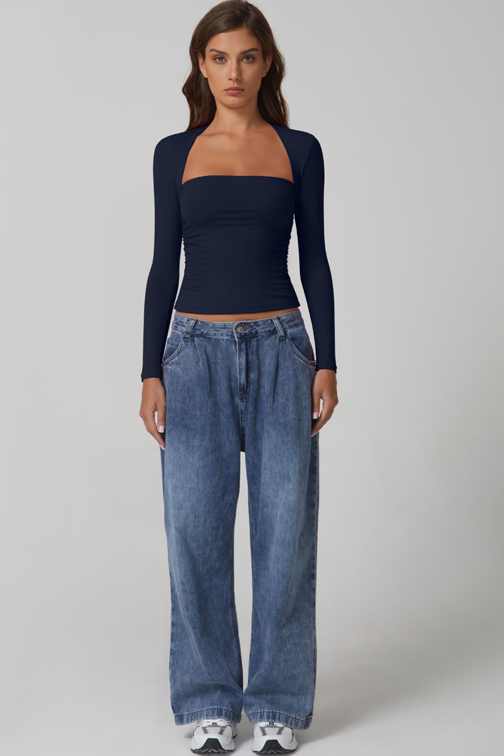 QINSEN Long Sleeve Square Neck Tops for Women Double Lined Side Ruching Going Out Shirts Basic Tee - Image 5