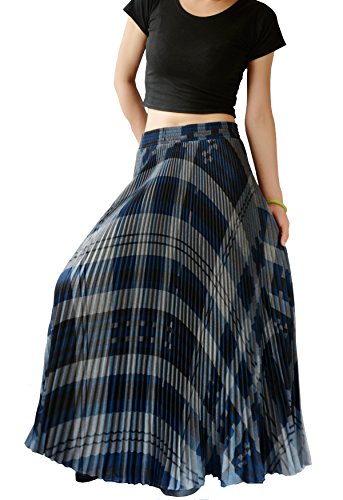 YSJERA Womens Plaid Long Maxi Skirt - Bohemian Chiffon 360 Sunray Pleated Full Skirts (One Size, Blue)