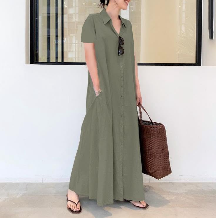 Women Trendy Rolled Up Sleeve Plus Size Shirt Dress Button Down Ankle Length Solid Casual Maxi Dress with Pockets… - Image 2