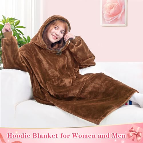 Image of Waitu Wearable Blanket Sweatshirt Gifts for Women and Men, Warm and Cozy Giant Blanket Hoodie, Thick Flannel Blanket with Sleeves and Giant Pocket - Camel