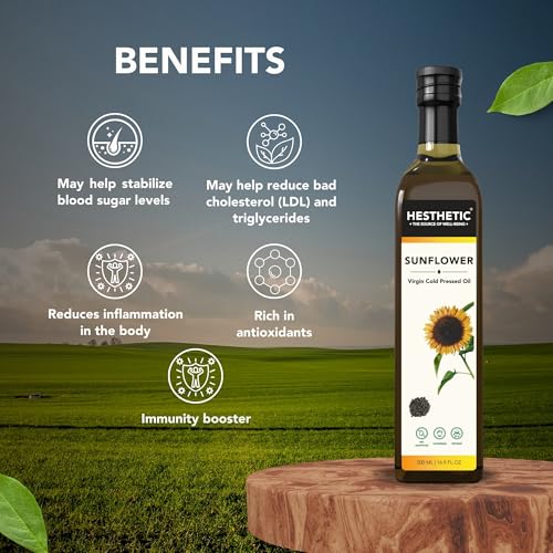 Image of HESTHETIC Edible Cold Pressed Sunflower Oil, 750ML, Rich in Healthy Fats, Ideal for Cooking, Frying and Salad Dressings, 100% Pure and Natural, Food Grade Virgin Oil