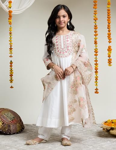 Image of Amazon Brand - Symbol Girl's Rayon Ethnic Wear Embroidered Kurta Set with Net Dupatta