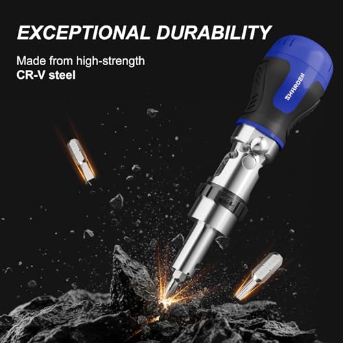 Image of SHARDEN 8 in 1 Stubby Ratcheting Screwdriver Multi Screwdriver Tool All in One with 6 CRV Bits Phillips, Slotted, Torx,180 Degree Pivoting Adjustable Angle Screw Driver Set for Tight Spaces
