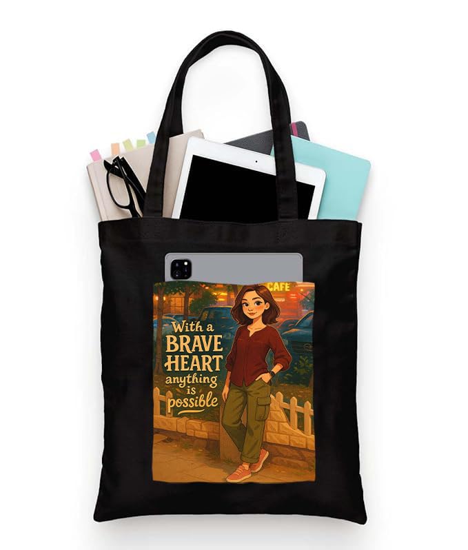 Image of Black Tote Bag With Pocket Printed Designed Canvas Tote Bags For Women large capacity,Tote bag For Shopping, College, Travel, More Canvas Handbag For Unisex Bag