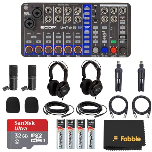 Zoom LiveTrak L6 Recording Bundle – 10-Channel Digital Mixer, 2 ZDM-1 Podcast Mic Packs, 32GB microSDHC Card, AA Alkaline Batteries, Microfiber Cleaning Cloth