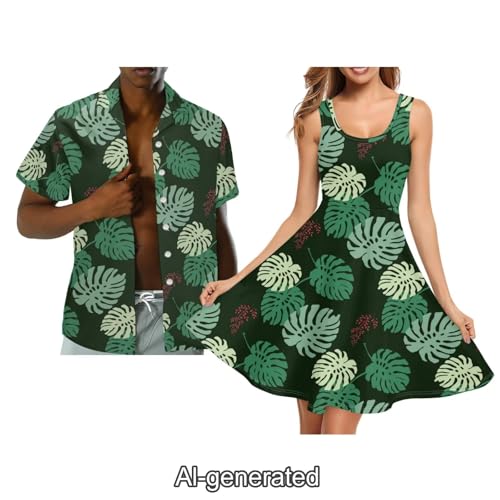 Image of Dreaweet Summer Dresses for Women A-Line Sleeveless Flowy Sun Dresses,Men's Casual Button-Down Shirts,Couple Matching Outfits