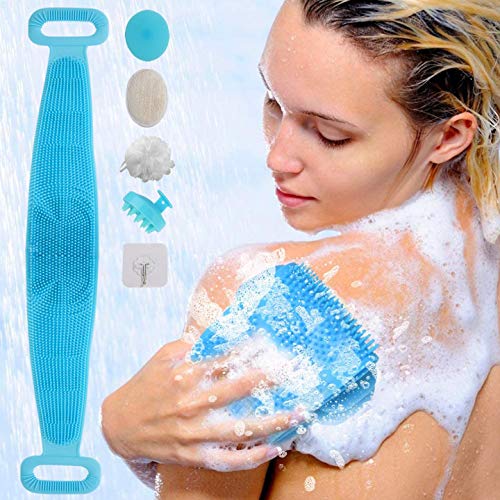 Silicone Back Scrubber For Shower, Double Sided Body Bath Bush, Exfoliating Body Brush Back Washer, Deep Clean Massage Skin,Comfortable Massage Back Cleaner For Men and Women (Blue)