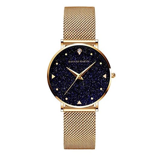RORIOS dam armbandsur stjärnklar himmel urtavla analog kvartsur klockor rostfritt stål nätband damklockor armband Guld