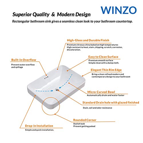 Winzo Wz6174 Rectangular Drop-In Bathroom Sink,Modern Design,Semi-Recessed Vessel Basin With Overflow For Vanity Porcelain White #TOP2