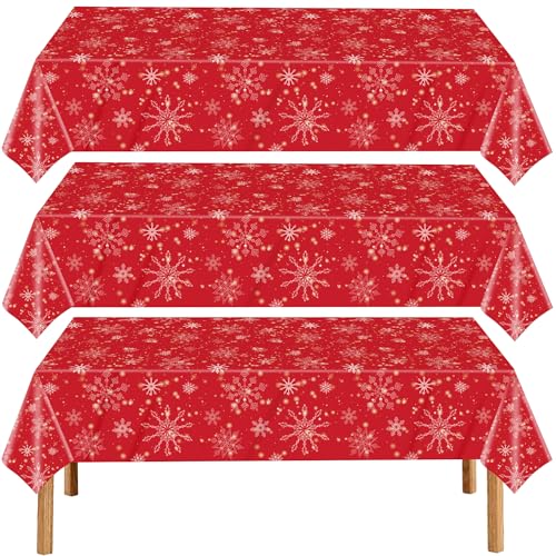 3 Pcs Christmas Snowflake Tablecloth,Red Snowflake Rectangular Plastic Waterproof Table Cover for Winter Holiday Party,Xmas,Birthday Decorations(54 x 108 Inches)