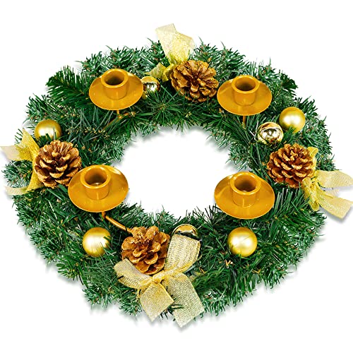 Lulu Home Christmas Advent Wreath, 13.4 Inch X-mas Golden Ribbon Advent Wreath with 4 Candle Holders Adorned Christmas Balls Pine Cones, Holiday Tabletop Candles Centerpieces Decoration