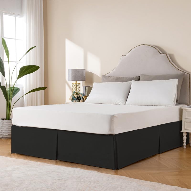 Image of MIYE Pleated Waffle Weave Bed Skirt, Tailored Dust Ruffle 12 Inch Drop Easy Fit, Machine Washable (Black, Queen - 12 inch Drop)