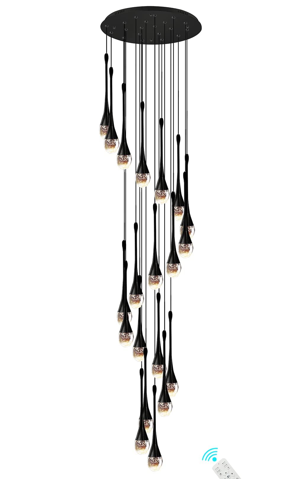 PCXEHUYP Elegant Black Raindrop Crystal Pendant Chandelier - 20-Light 138'' for High Ceilings, Staircase & Foyers Dimmable LED Lighting, 3000-6000K, Stunning Bubble Design.