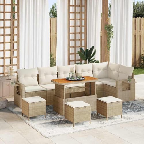 Mokuyary Juego de 12 sofás de jardín con cojín, color beige y crema, poliratán, muebles de balcón, exteriores, resistente a la intemperie, banco de jardín para terraza y balcón