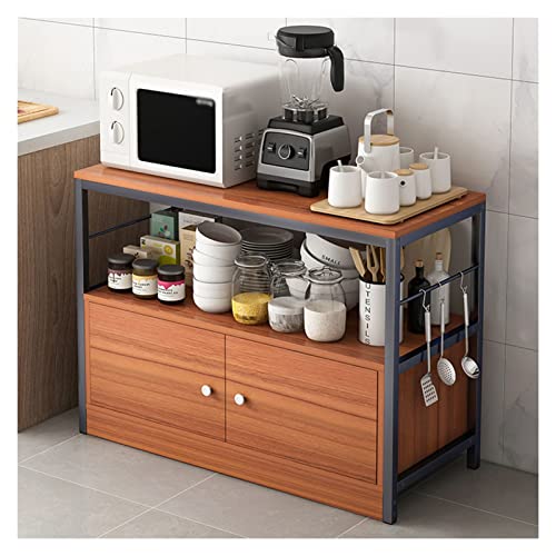 Estante de cocina con mesa de madera y estante de almacenamiento de metal, elegante y funcional, ahorro de espacio para decoración del hogar
