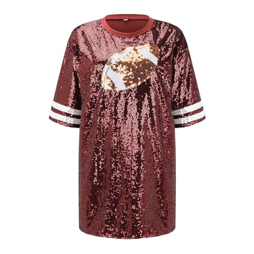 Camiseta feminina de futebol com lantejoulas, casual, comprimento até o cotovelo, gola redonda, glit