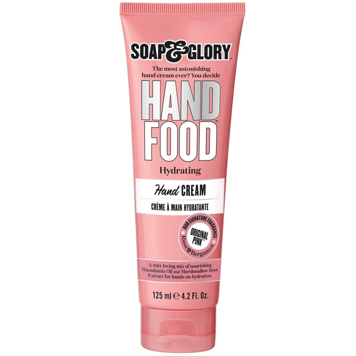 Soap & Glory Hand Food Hydrating Cream, Original Pink Fragrance, Moisturizing Lotion for Dry Skin with Macadamia Oil & Marshmallow Root Extract, Fast-Absorbing Daily Hand Moisturizer, 125ml (4.2 Fl Oz)-image-0