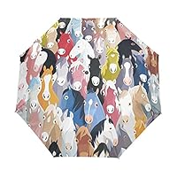 Seamless Colourful Cartoon Horse Heads Texture Automatic Folding Umbrella, Portable Strong Travel Rain Umbrella, Auto Open/Close Lightweight Compact Sun Anti-UV Parasol
