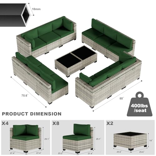 Image of 14-Piece Patio Furniture Set, Outdoor Sectional with Thick Cushions, Modular Patio Sofa, Dual-Strand Wicker Rattan, Rust-Resistant Frame, Backyard Furniture for Garden, Deck, Dark Green