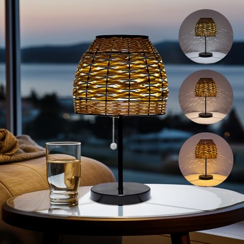 Livinlarge Outdoor Solar Table Lamp,3 Color Temperatures Bedside Lamps with USB-C Ports,Boho Desk Lamps Pull Chain Table Lamps with Black Metal Base for Garden,Yard,Patio,Lawn Outdoor Decor
